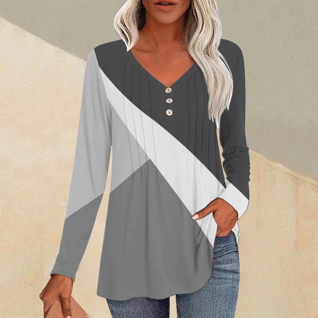 Fashion Tops Casual Pleated V-Neck Line Printed Long Sleeve T-Shirt