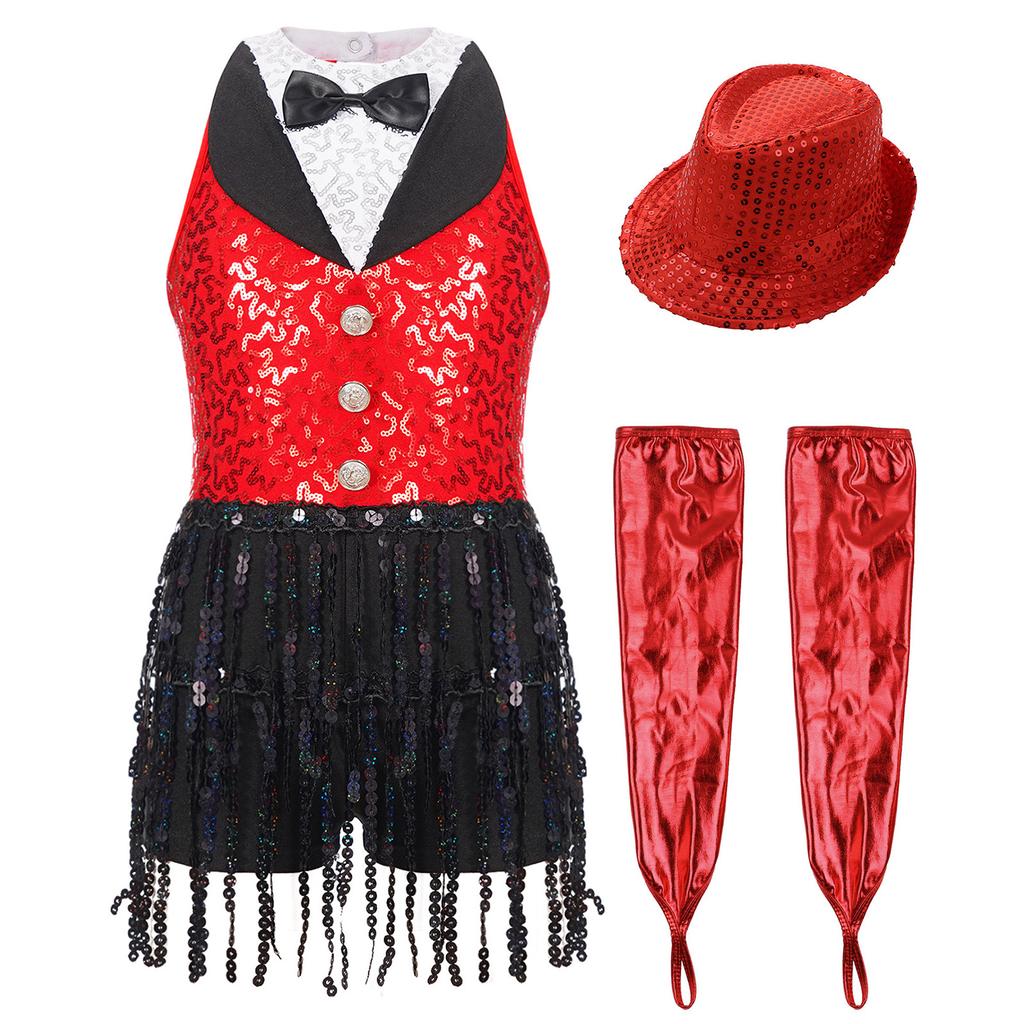 Латинский джазовый танцевальный купальник для девочек, без рукавов, с вырезом-замочной скважиной на спине, с пайетками, кисточками, металлическими перчатками и шапочкой