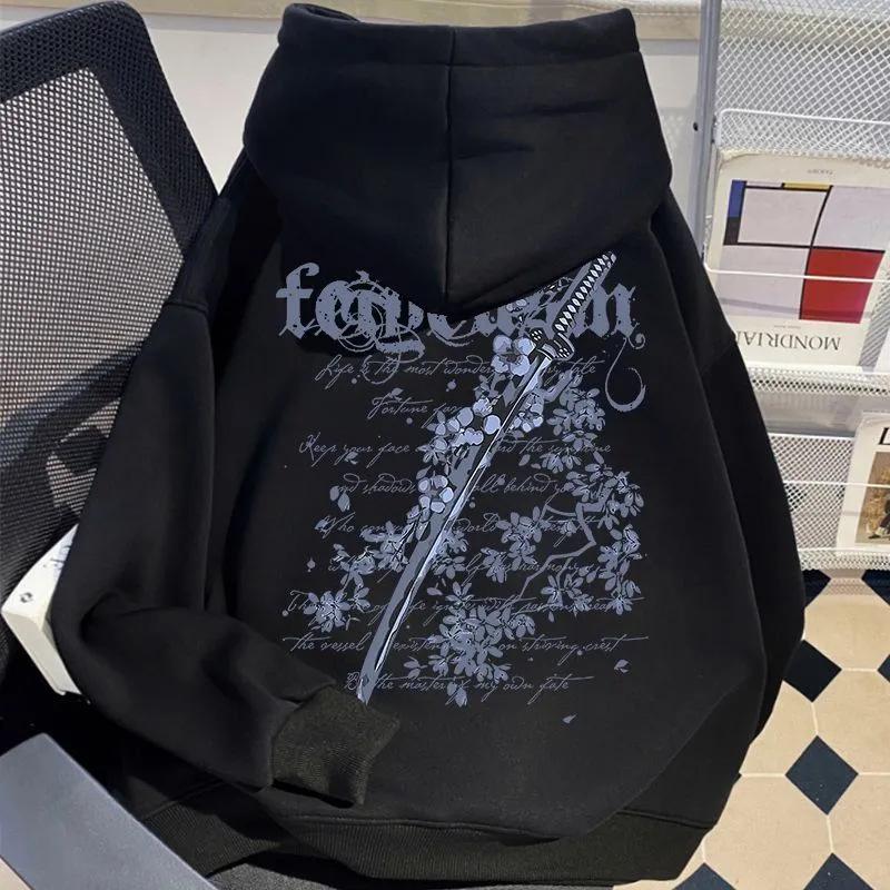 Мужская винтажная толстовка с принтом вишневого цвета и мечом, с начесом, свободного кроя, модная осенне-зимняя куртка