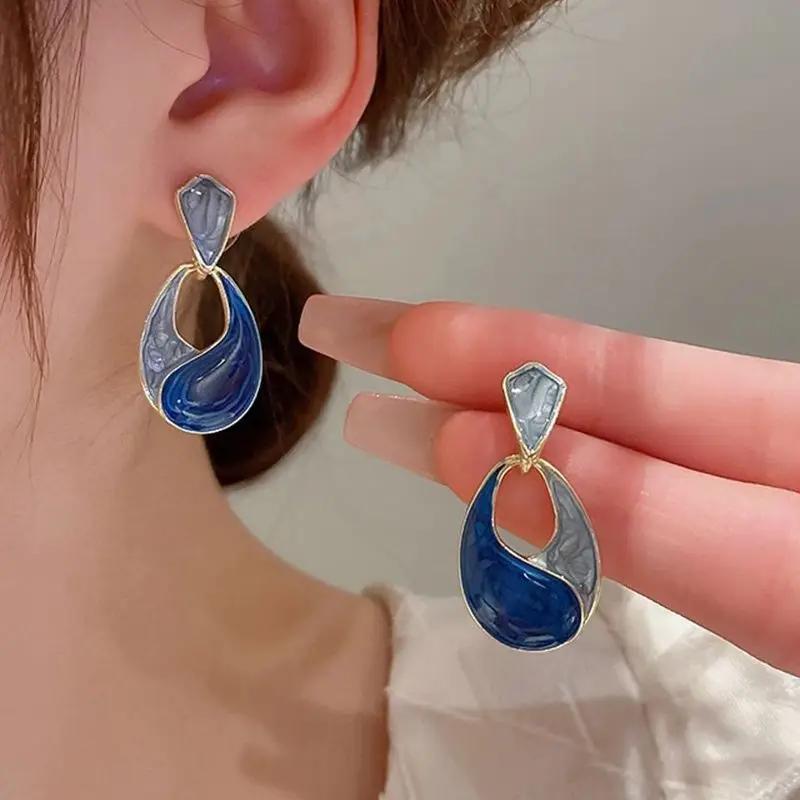 Vintage Water Drop Dangle Earrings for Women Geometric Polygon Drop Earrings Enamel Oil Gray Blue Fashion Party Jewelry