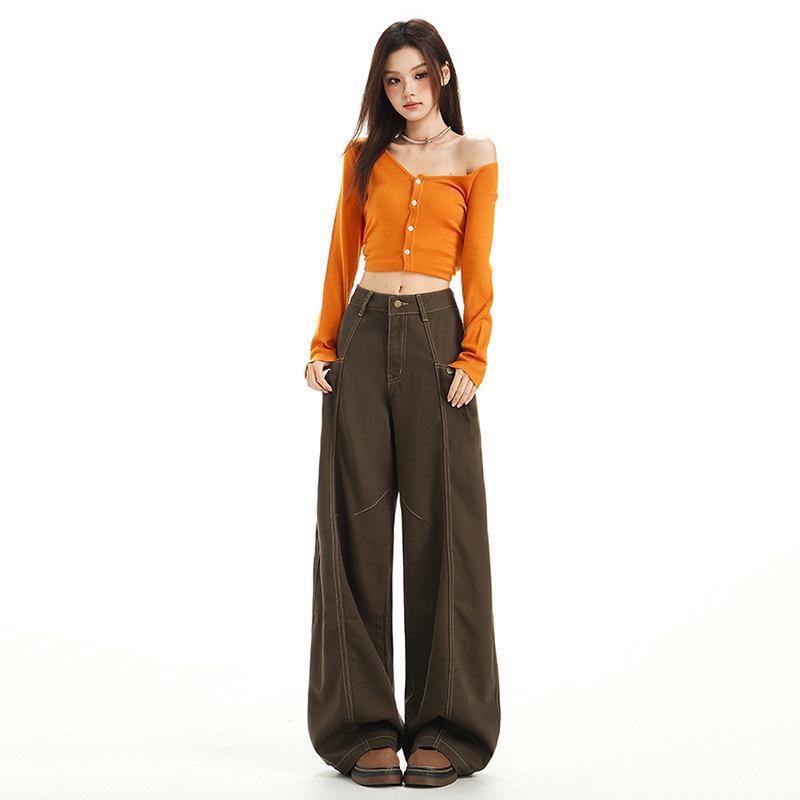 Женские мокко-коричневые джинсы с высокой посадкой, свободного прямого кроя - осенние широкие джинсы в пол