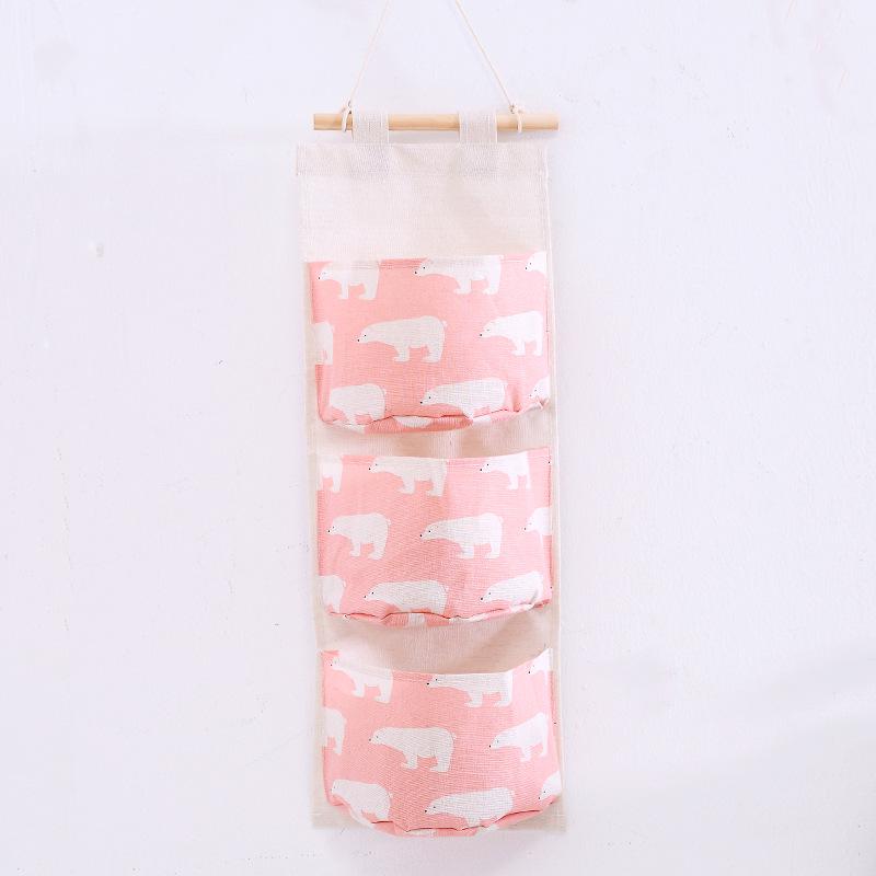 Grid Pattern Cotton Linen Three-Pocket Hanging Storage Bag