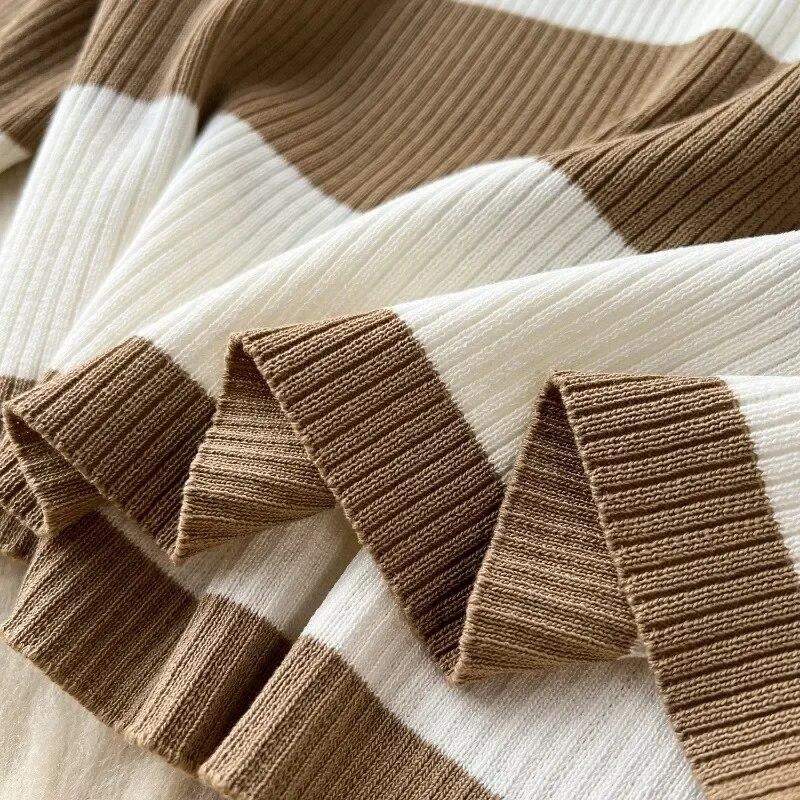 Two-piece Sets Vintage Elegant V-neck Long-sleeved Contrast Striped Knit Sweater Women Tracksuit High Waist Draped Pants Sets