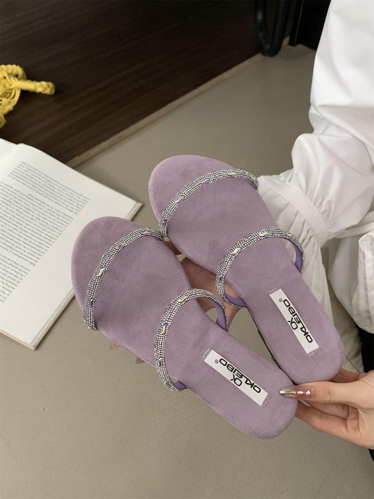 Flat-bottomed Rhinestone Fashion Sandals 2025 Summer French Sweet Yellow Open-toed Vacation Beach Cool Slippers Women's Shoes