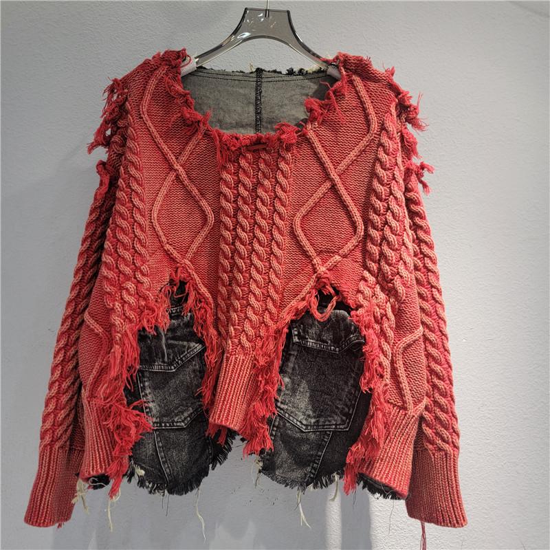 Женский пуловер неправильной формы с эффектом состаривания, пэчворк, карманы, винтажный выстиранный деним