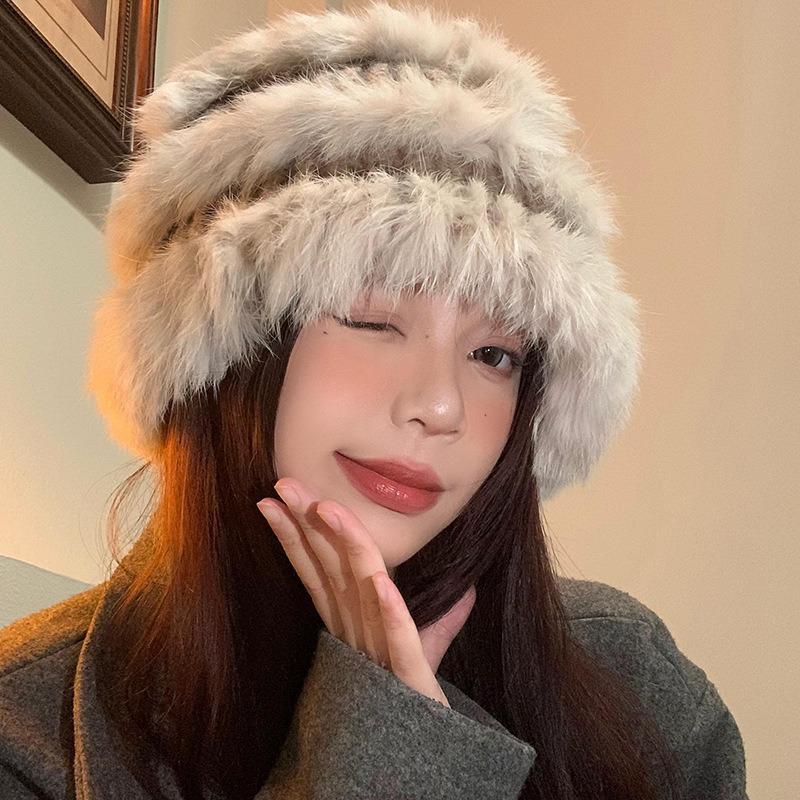 Rabbit Fur Knitted Plush Hat Women's Autumn and Winter Warm Plush Hat Big Head Circumference Showing Face Small Bucket Hat Wool Hat Tide