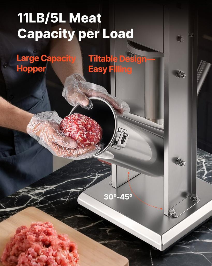 Manual Sausage Stuffer, 11 LBS / 5 L Vertical Meat Stuffer, Dual-Speed Sausage Casing Meat Filling Machine, Stainless Steel Heavy Duty Filler with 5