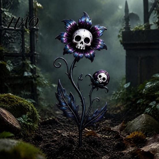 Outdoor Holiday Landscapes Halloween Garden Stake, Waterproof Spooky Skull Flower Lawn Art, 2D Creepy Decorative Mysterious Backyard Accents
