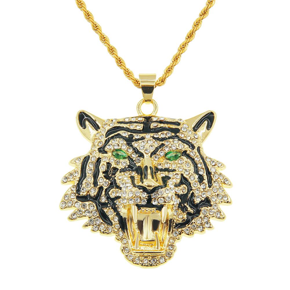 Exaggerated Green Eyes Tiger Head Pendant Necklace Men's Cool Nightclub Disco Accessories Pendant