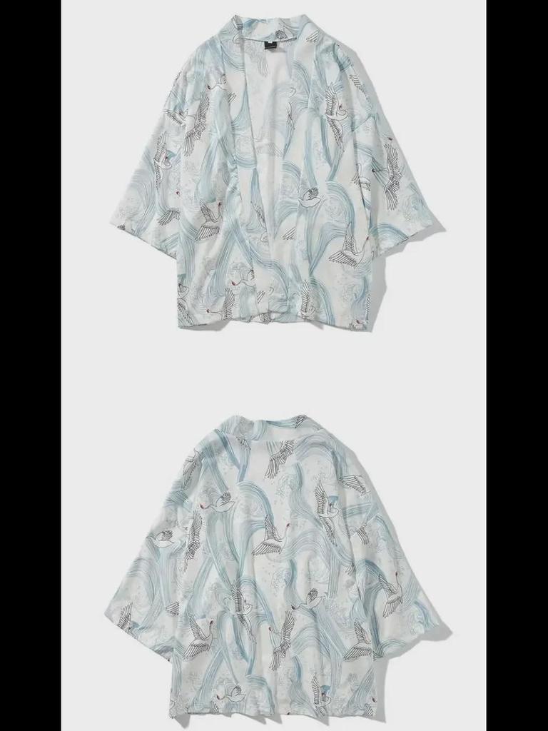 Кардиган-кимоно унисекс в стиле ретро укиеэ: Японско-китайский стиль, свободный крой, рукава 3/4