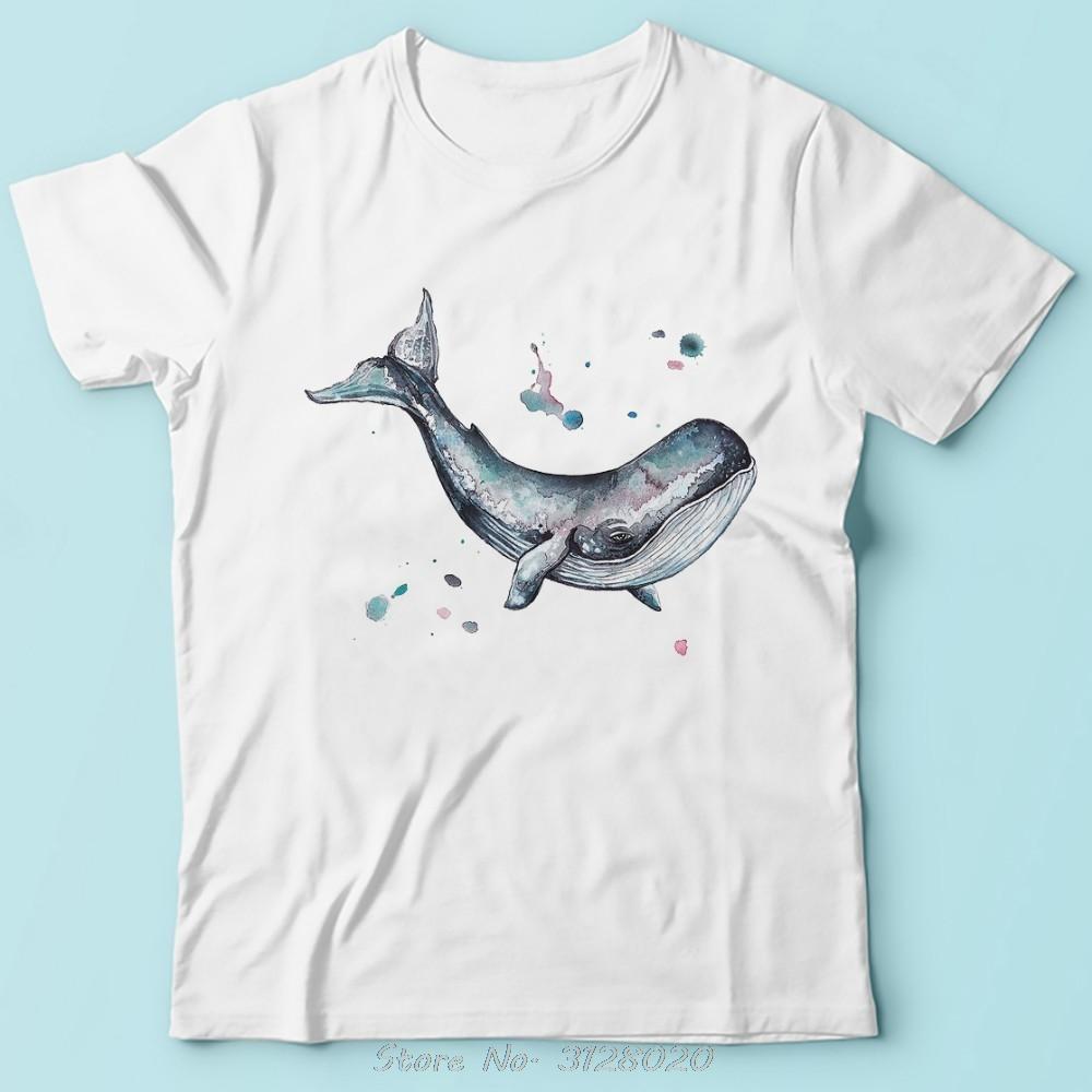 Summer New Watercolor Whale Funny Tshirt Men White Short Sleeve Casual T Shirt Unisex Tshirt Hip Hop Tees Harajuku