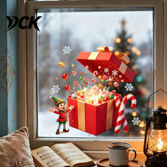 Seasonal Home Accents Christmas Elf Gift Box Static Window Clings, Reusable Stickers, Holiday Decals Candy Cane Snowflake Glass Stickers