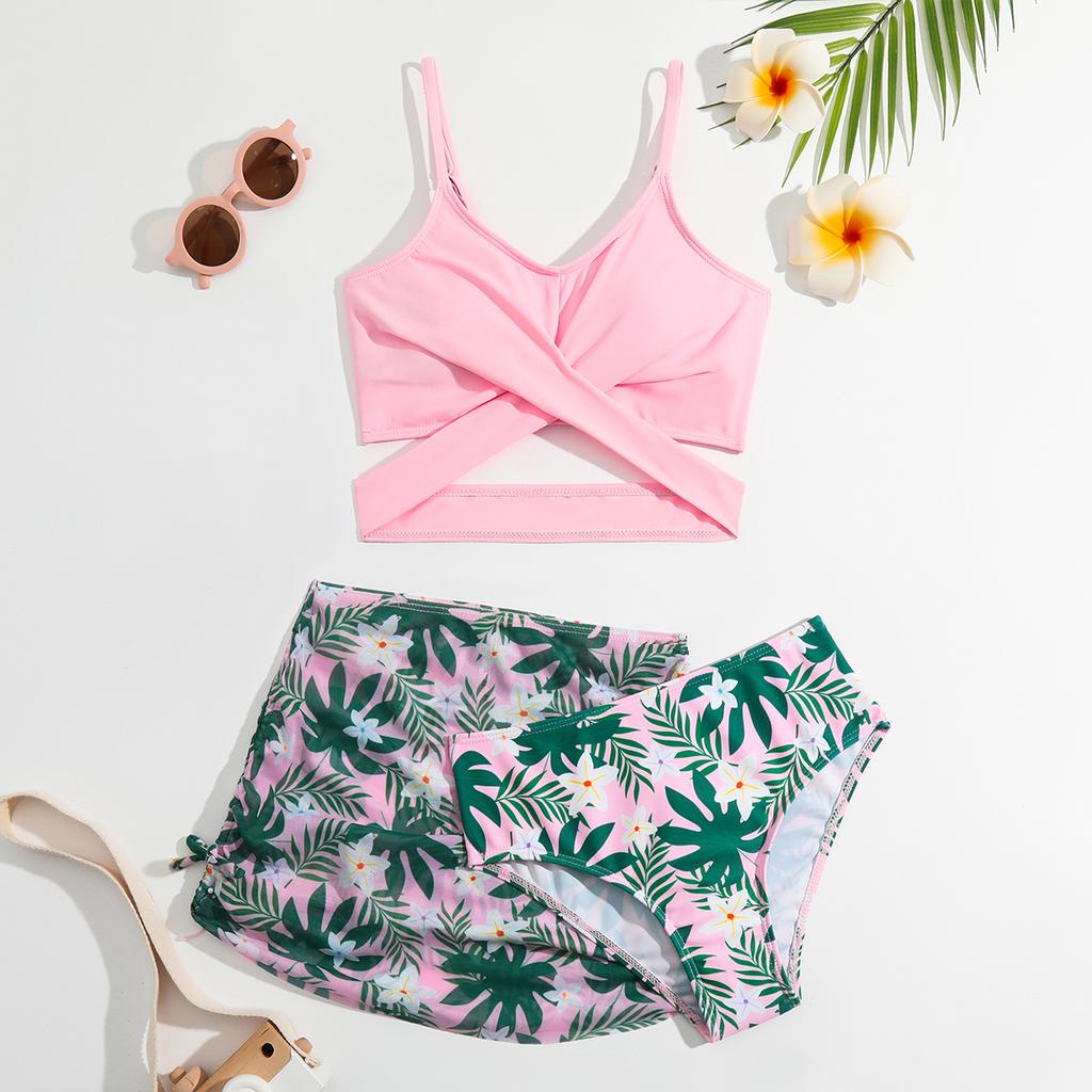 Модный комплект купальников для девочек из 3 предметов, детский летний пляжный купальный костюм с принтом сверху