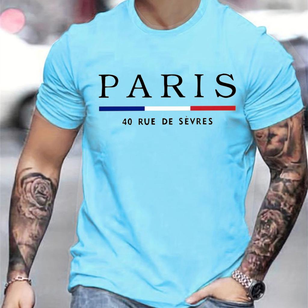 Men's 100% Pure Cotton Summer Loose Size PARIS Letter Pattern Print Casual Comfortable Round Neck Short Sleeved T-shirt Top