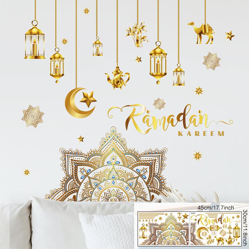 2024 Ramadan Kareem Wall Stickers Moon Star Lantern Wall Decal Eid Mubarak Decorations for Home Muslim Islamic Window Sticker