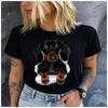 Cotton  Cute Dachshund Break Through Paper Graphic T Shirt Women Casual Pet Dog Print Short Sleeve Tee Gift For Dachshund