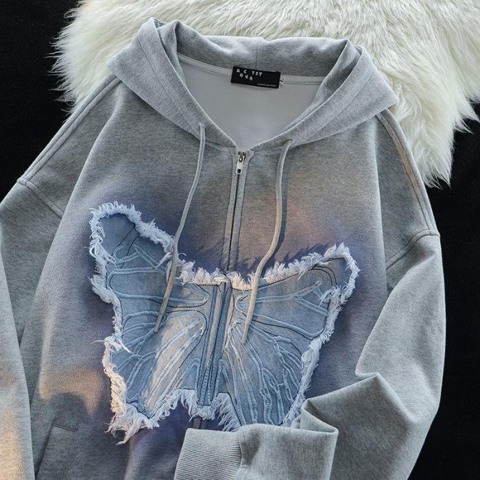 Весенняя тонкая американская уличная толстовка с нашивкой в ​​виде бабочки, женская толстовка Y2k в стиле Харадзюку, свободный топ, куртка