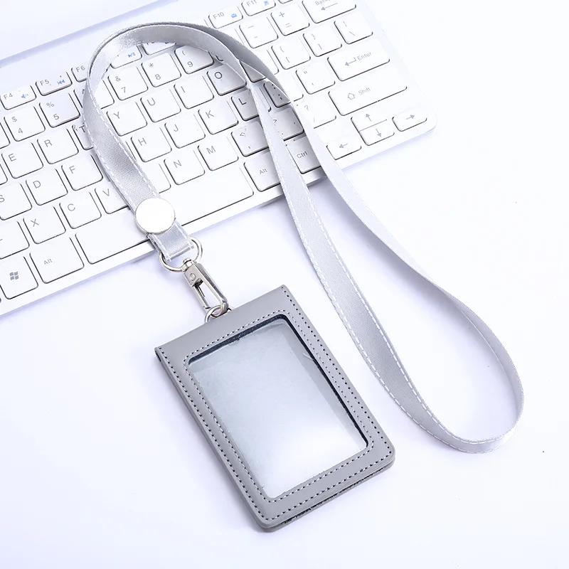 Fashion PU Business Credit Card Id Holders Wallet Case PU Badge Card Holder with Neck Strap Lanyard School Office Supplies