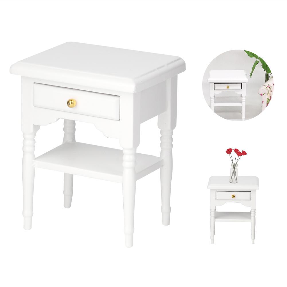 1:12 White Mini Bedroom Furnishing Articles Wooden Bedside Table Model