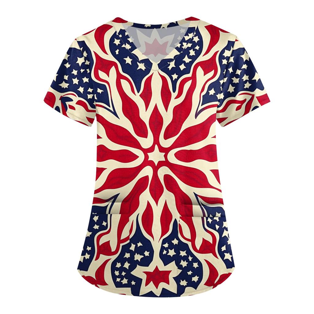 Women's Fashion V-neck Short-sleeved Work Dress With Pockets Independence Day Printed Top Carer Suit