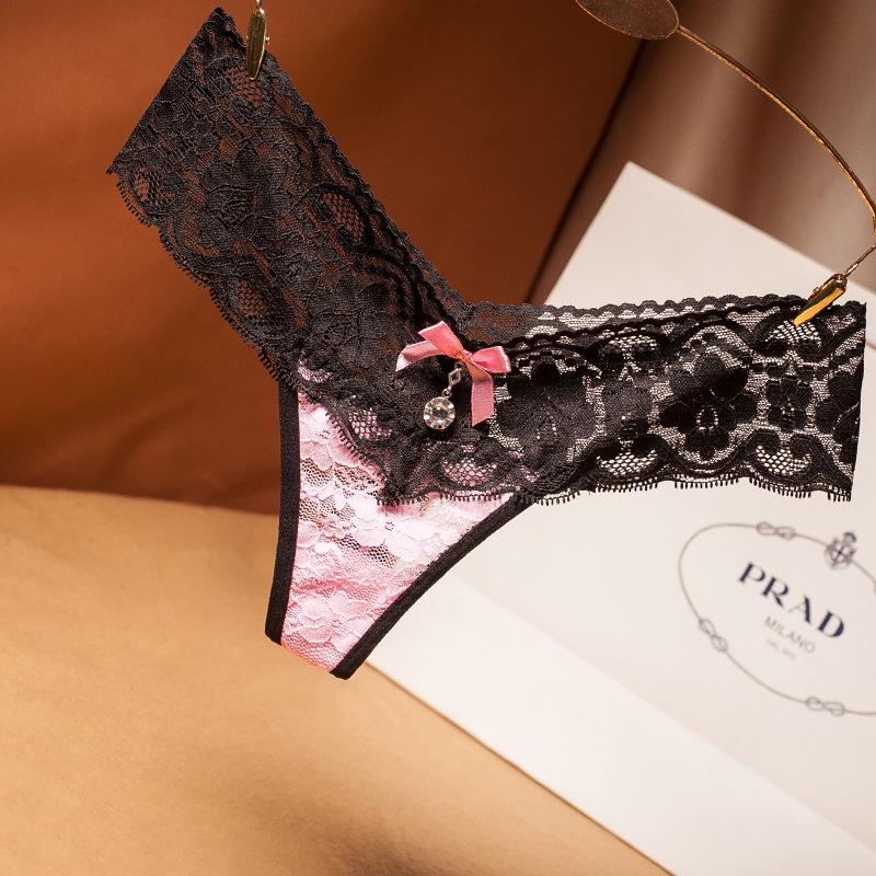 Lace Rhinestone Low-Waist Thong - Sexy European & American Seamless Transparent T-Panties