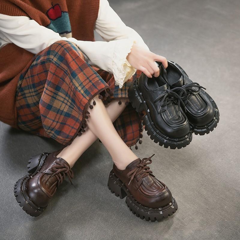 Johnature Женские туфли-лодочки на толстой подошве с круглым носком и шнуровкой в британском стиле, из натуральной кожи, универсальные, на высоком каблуке