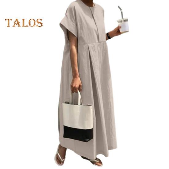 Летнее платье макси, свободное плиссированное платье с круглым вырезом и короткими рукавами, чистый цвет, большие размеры, повседневная одежда, женское платье макси