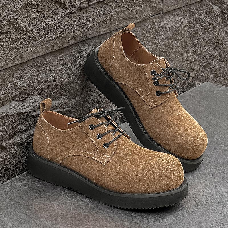 New Retro Derby Shoes British Platform Heightening Men's Shoes Tooling Casual Versatile Commuter Leather Shoes Khaki 1560-J