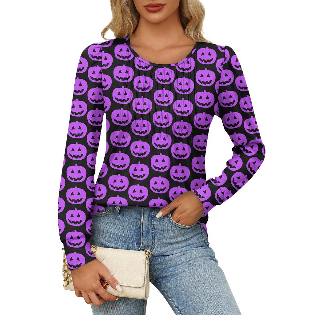 Long Sleeve Shirts For Women Cute Print Graphic Tees Blouses Dressy Casual Blouses Pleated Scooped Neck Tunic Tops Halloween
