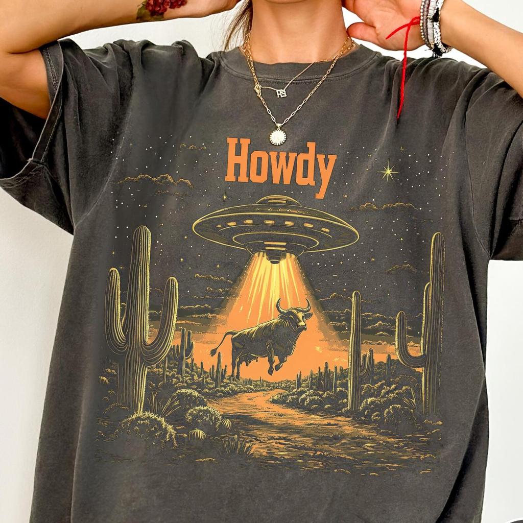 Howdy UFO Cow Comfort Colors® Shirt, Funny Alien Abduction T-Shirt, Unisex Western UFO Tee, Retro Desert Shirt, Alien Cow Lover Gift Tee