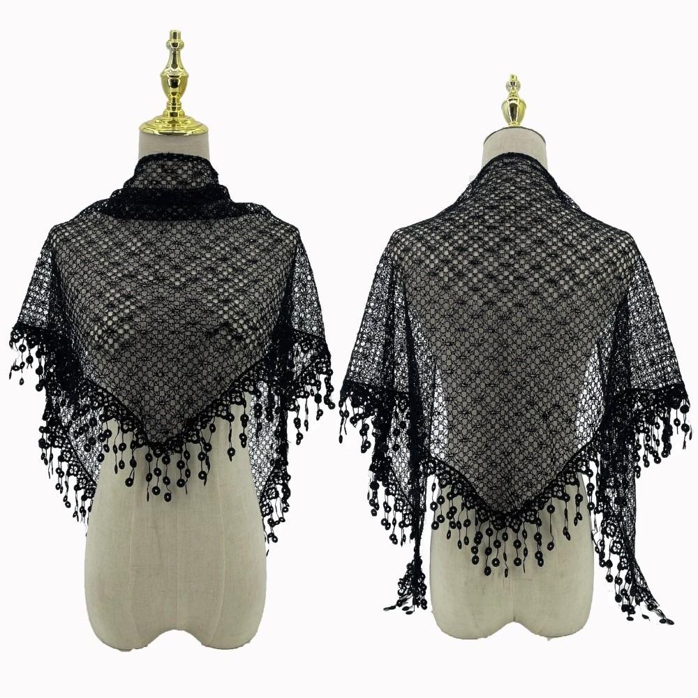Elegant Lace Flower Tassels Lace Head Scarf Breathable Sequin Decor Scarf  Women Wedding