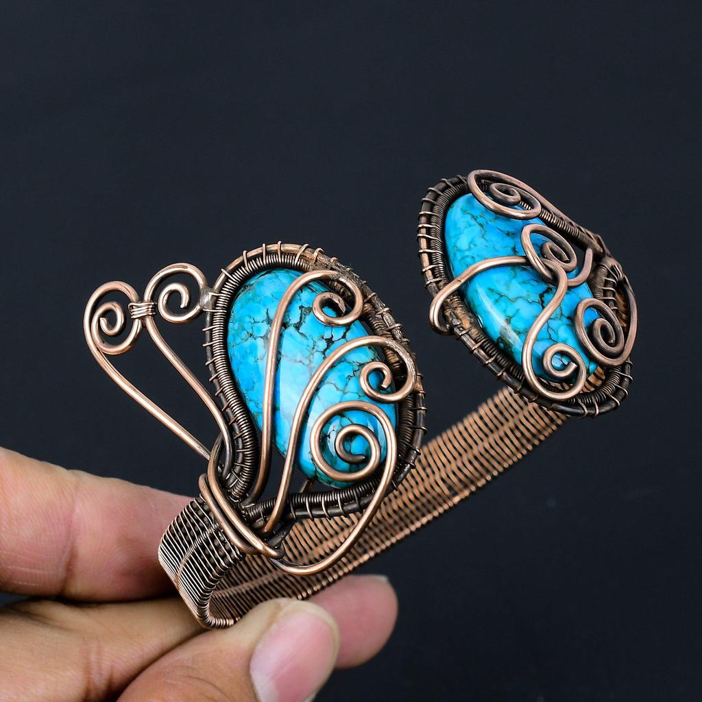 Charming Turquoise Gemstone Pure Copper Wire Wrapped Handmade Cuff/ Bangle Jewelry Adjustable