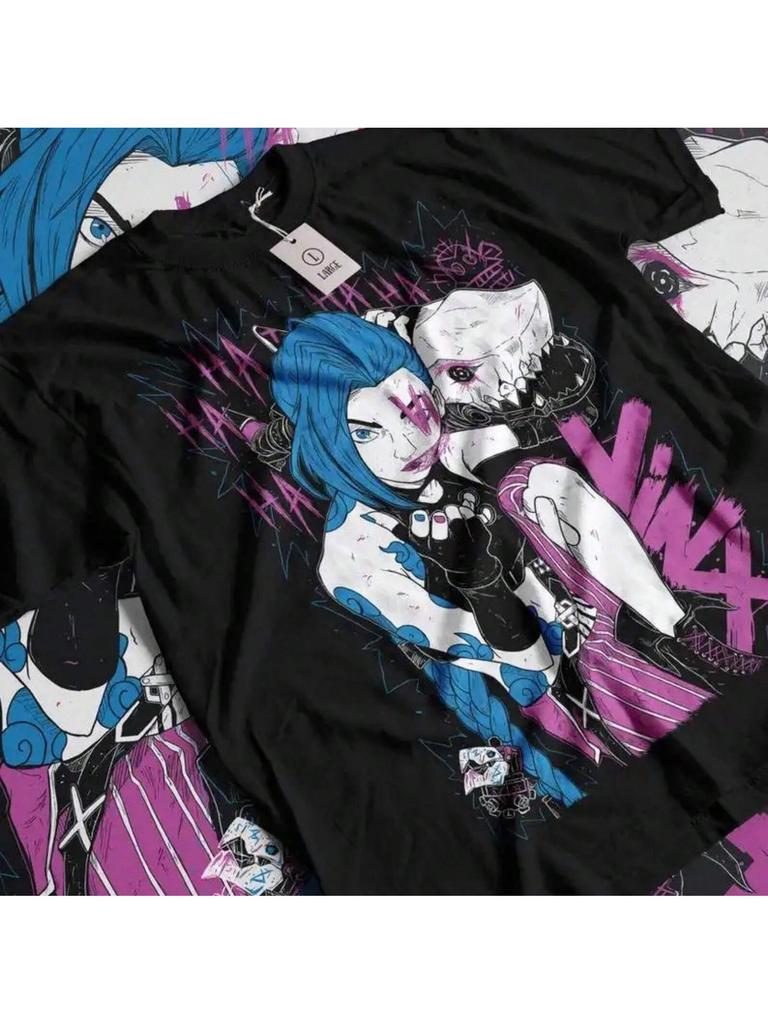 Футболка Jinx Arcane Японское аниме Мультфильм Jinx Arcane Графическая Черная рубашка Все размеры