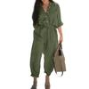 V-neck Buttons Closure Belt Women Jumpsuit Women Casual 3/4 Sleeve Solid Color Cargo Jumpsuit Ladies Outfit