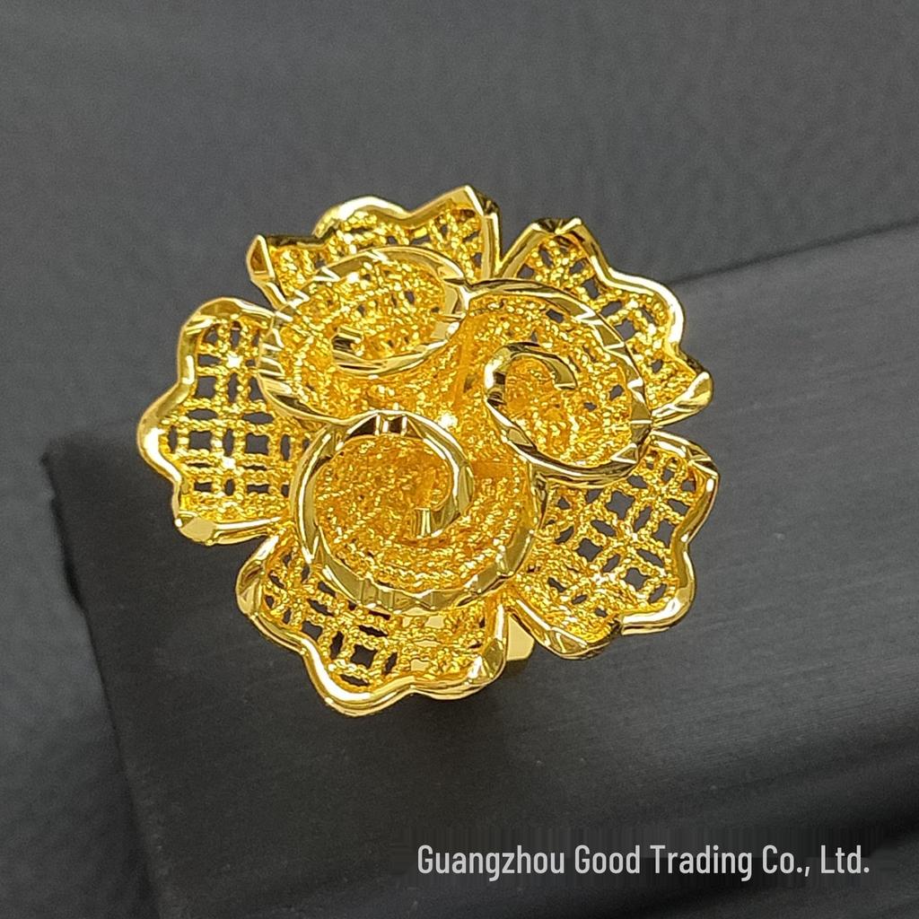 Вьетнамское кольцо из меди с 24-каратным золотым покрытием в виде цветка - Не тускнеющее, Регулируемый размер для невест