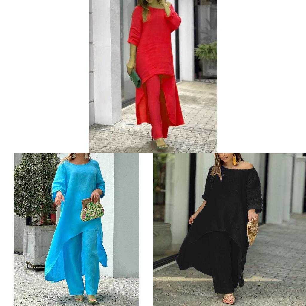 Cotton Linen Casual Woman Set With Irregular Long Sleeve Hoodie And Wide Leg Pants For Spring Fashion Comfort