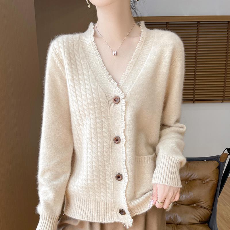 Женский кардиган из 100% шерсти с V-образным вырезом и бахромой - Мягкая вязка свободного кроя для весны и осени