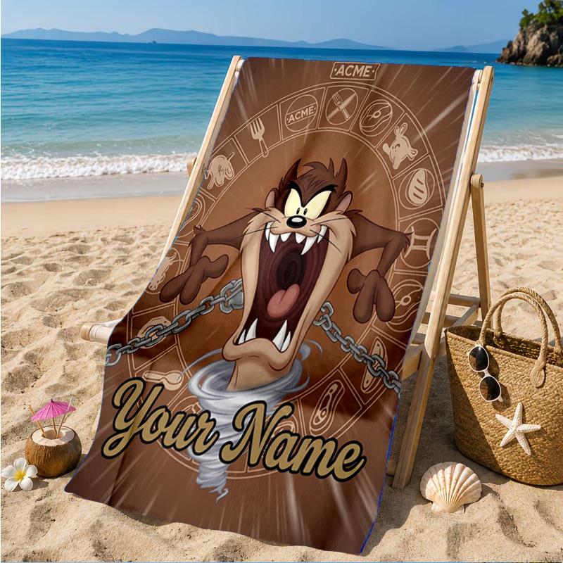 Custom Name Taz-Mania Devil's Roar Personalized Microfiber Beach Towel, Quick-Dry, Ideal for Summer Travel, Beach Essential, Swimming
