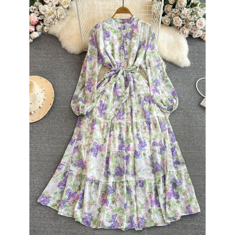 Long Sleeves Stand Collar A- Line Elegance Wide Hem Printed Dress