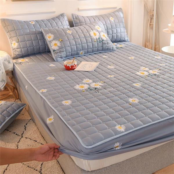 Printing Bed Fitted Sheet Cotton Thick Quilted Soft Elastic Fitted Sheet Bedding Mattress Cover Topper Single Full Queen King Sheet&Pillowcases
