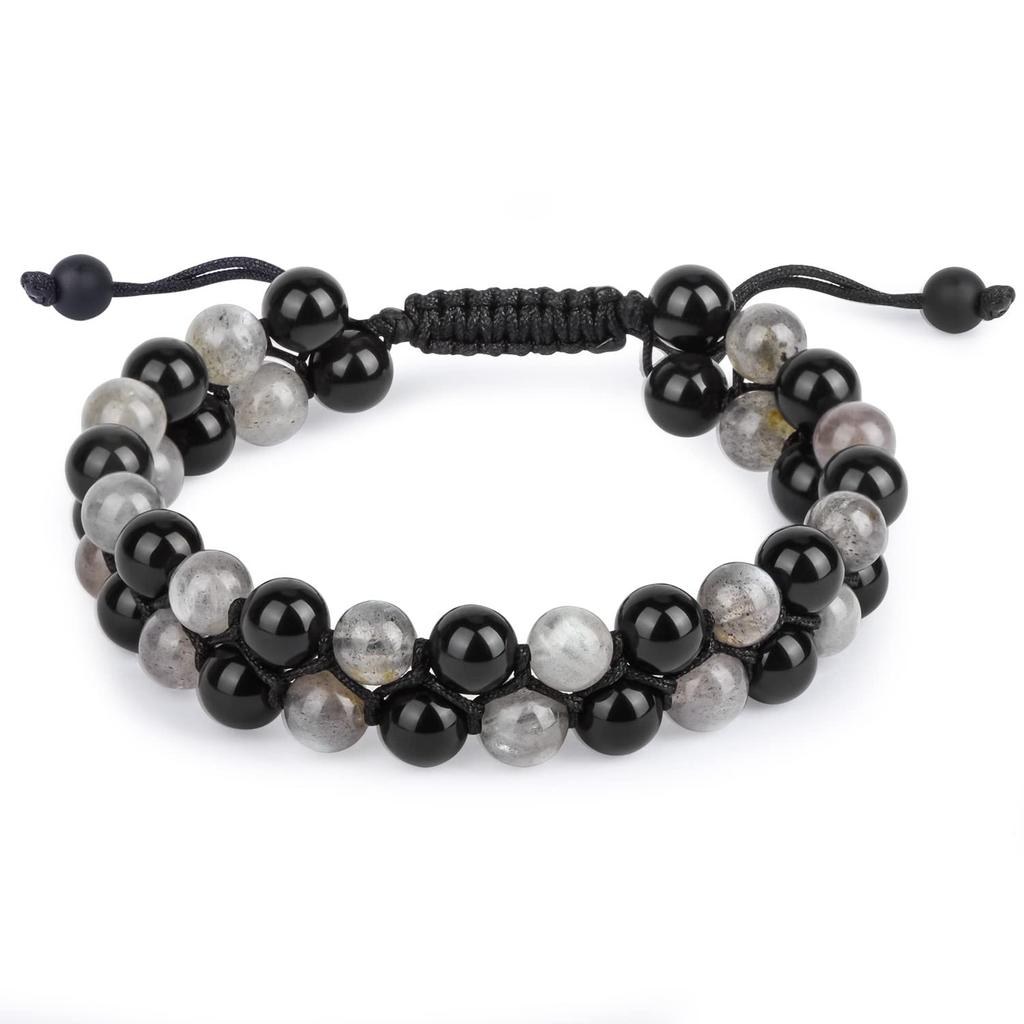 Woven natural stone double-layer bracelet, hand-woven adjustable bracelet, men's yellow tiger eye double-row bracelet.