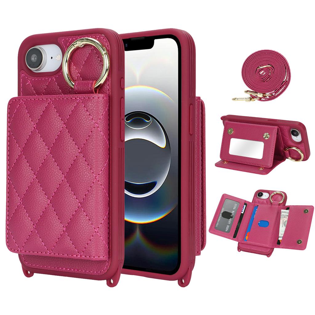 For iPhone 16e Case with Lanyard/Mirror/Card Holder Grids Pattern RFID Blocking Phone Cover