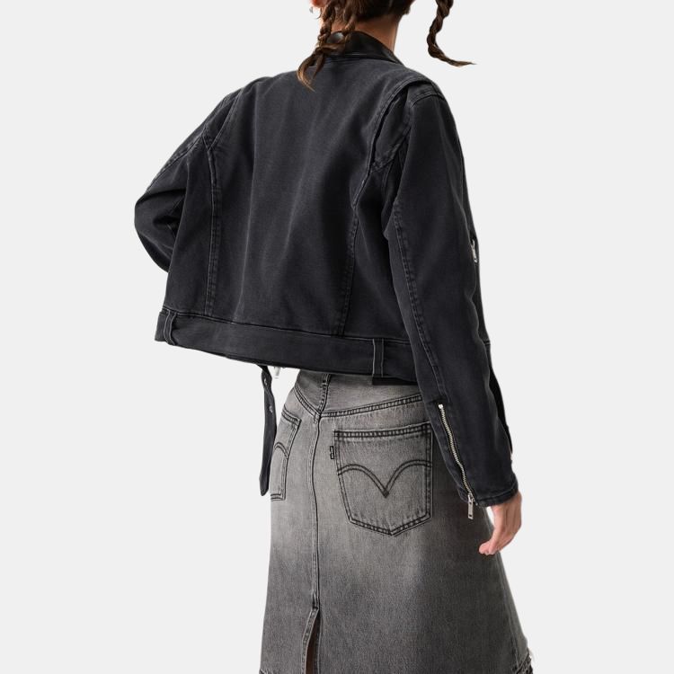 Levis Удобная Однотонная Приталенная Джинсовая Куртка с Воротником из Искусственной Кожи и Длинными Рукавами Женские куртки Черный 002YK-0000