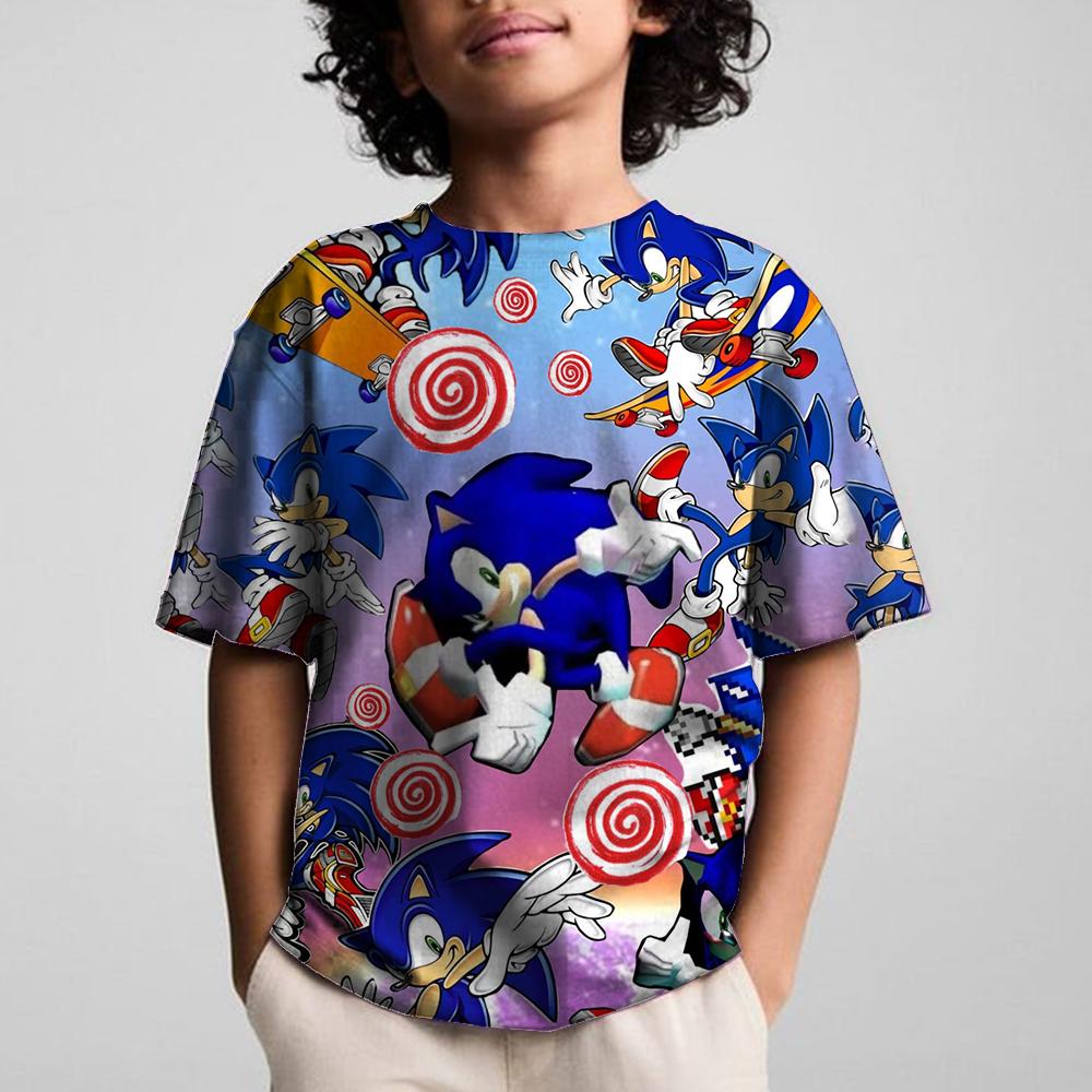 Round Neck 3D Cartoon Sonics Printed Casual Short Sleeved Children's Boy T-shirts - Soft Medium Stretch Polyester Fabric Summer Relaxed Fit Clothing