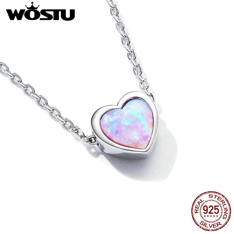 WOSTU Real 925 Sterling Silver Simple Style Shining Opal Heart Pendant Choker Necklace For Women Jewelry Gift