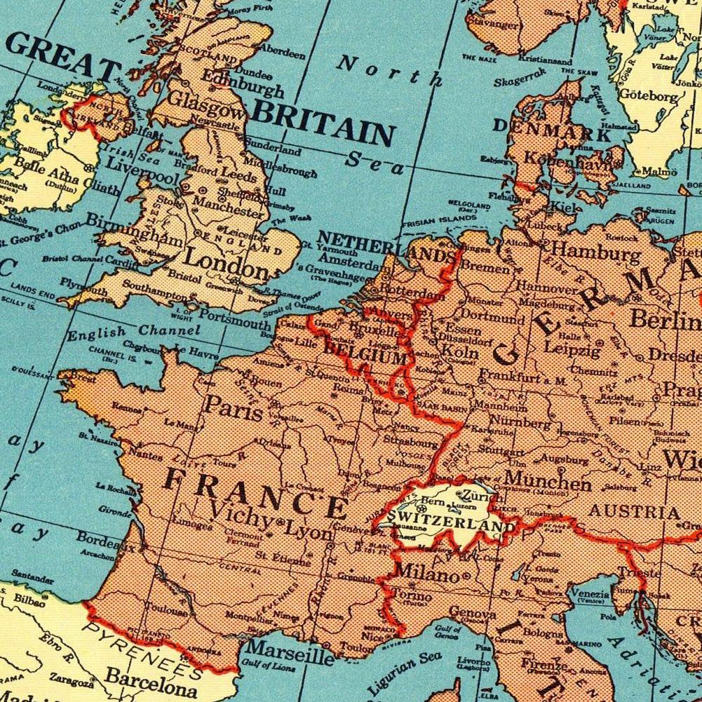 Винтажная карта Европы 1941 года, английская версия, постеры, настенная картина для декора гостиной, без рамки