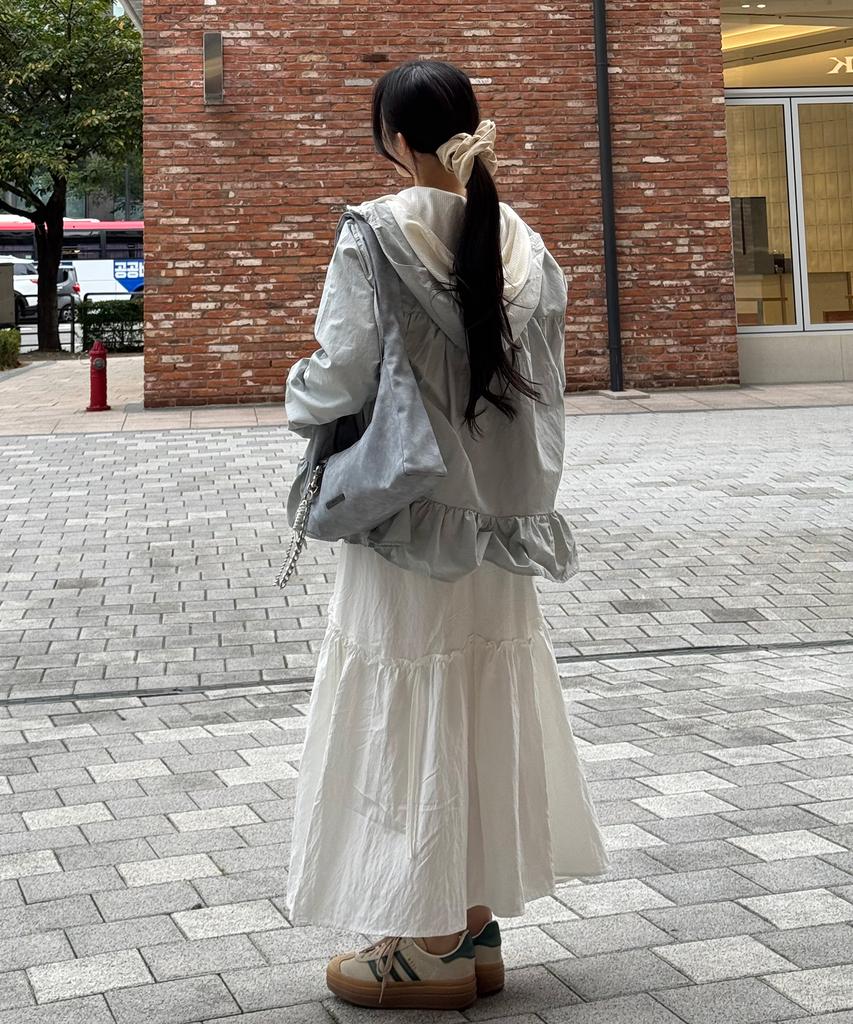 Place Studio Lace Shirred Ribbon Cotton Elastic Long Tiered Skirt _2 Colors