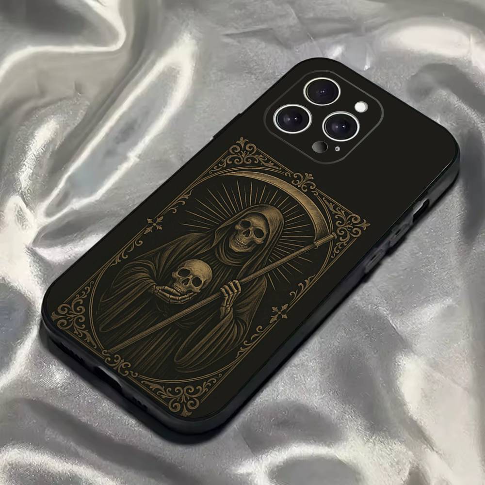 Чехол для телефона с изображением Санта Муэрте для iPhone 16,15,14,13,12,11,Pro,Max,Plus,X,XS,SE4,E,Mini, Мягкий Черный Чехол