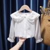 Girls' Lapel Flared Sleeve Blouse Solid Color Long Sleeved Shirt Children's Top