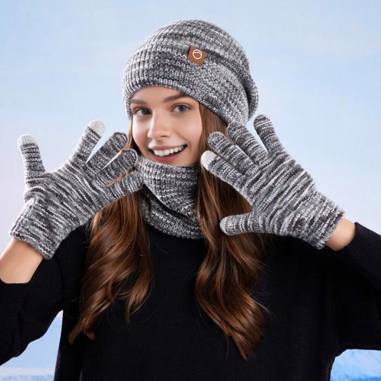 3Pcs/Set Winter Hat Scarf Gloves Set Thickened Velvet Lining Colorful Elastic Fit Knitting Hat Neck Warmer Gloves Set